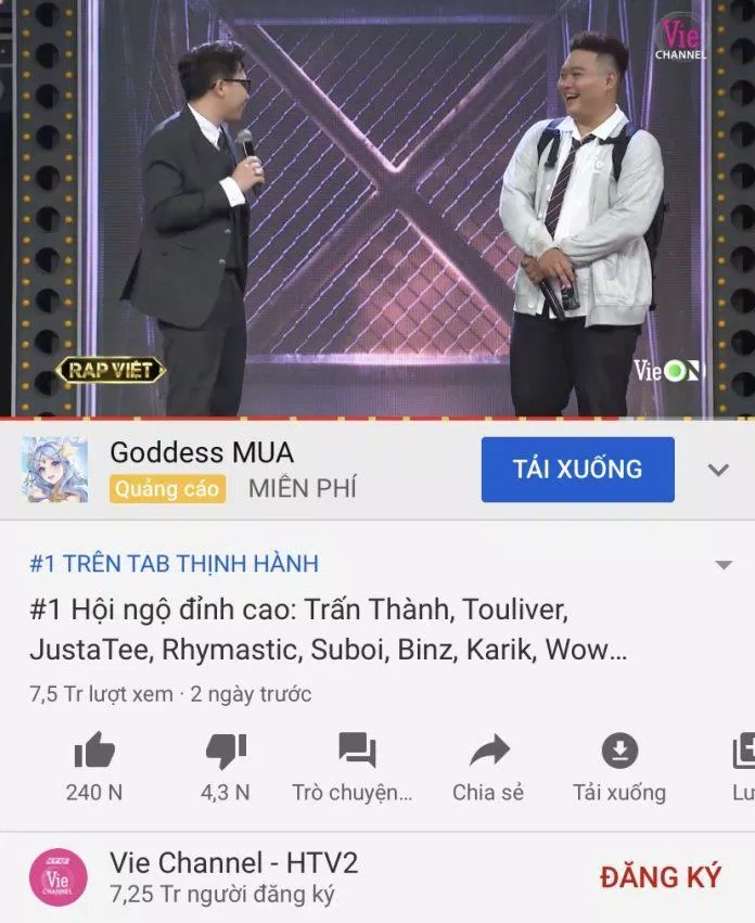 Sau 2 ngày Rap Việt đã tiến lên vị trí Top 1 Trending YouTube (nguồn: YouTube)