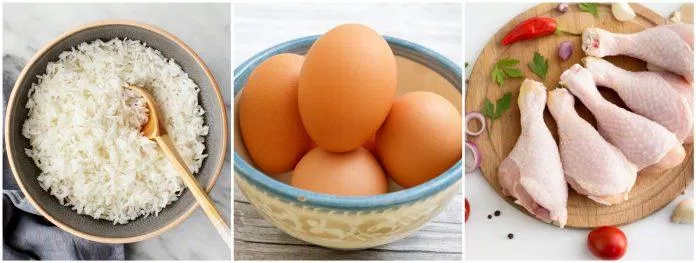 Cơm, trứng và thịt gà là ba thành phần chính cho món cơm chiên Omurice. (Nguồn: Internet)