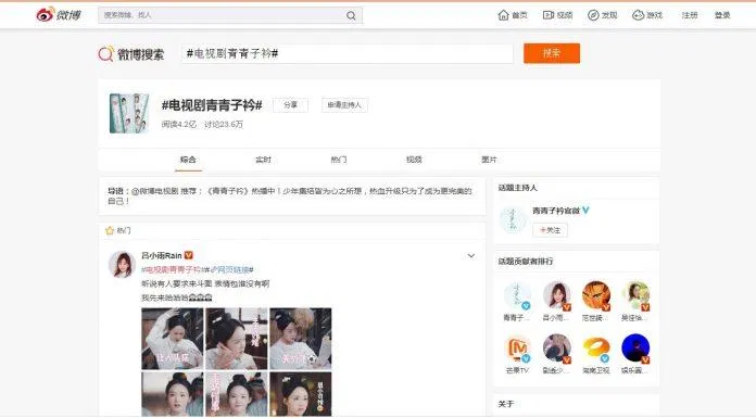 Hashtag "Phim truyền hình Thanh Thanh Tử Khâm" được hơn 420 triệu lượt truy cập trên Weibo (Ảnh Internet)