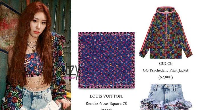 Stylist của ITZY sáng tạo khi cắt sửa chiếc áo khoác của Gucci và khăn Louis Vuitton thành chiếc áo croptop lệch vai. Kèm theo đó chiếc quần có phần vải đính kèm mới lạ mà Chaeryeong từng "đụng hàng" với Rosé nâng giá set đồ lên tới 80 triệu đồng. (Nguồn: Instagram) Stylist của ITZY sáng tạo khi cắt sửa chiếc áo khoác của Gucci và khăn Louis Vuitton thành chiếc áo croptop lệch vai. Kèm theo đó chiếc quần có phần vải đính kèm mới lạ mà Chaeryeong từng "đụng hàng" với Rosé nâng giá set đồ lên tới 80 triệu đồng. (Nguồn: Instagram)