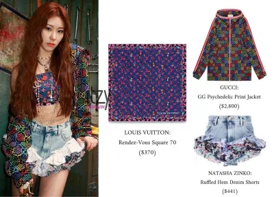 Stylist của ITZY sáng tạo khi cắt sửa chiếc áo khoác của Gucci và khăn Louis Vuitton thành chiếc áo croptop lệch vai. Kèm theo đó chiếc quần có phần vải đính kèm mới lạ mà Chaeryeong từng "đụng hàng" với Rosé nâng giá set đồ lên tới 80 triệu đồng. (Nguồn: Instagram)