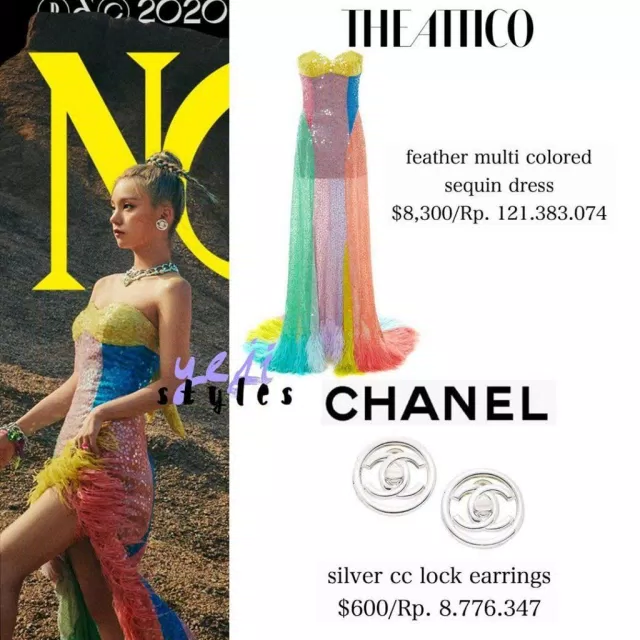 Bộ váy màu sắc đến từ nhà mốt The Attico và đôi khuyên tai Channel khiến set đồ này có giá tới 200 triệu đồng, trở thành một trong những outfit đắt đỏ nhất trong MV. (Nguồn: Instagram)