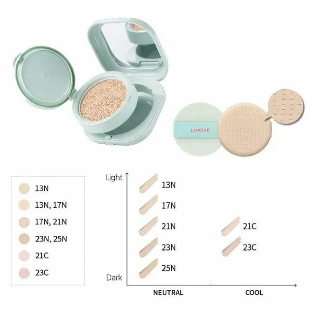 Laneige Neo Cushion có bảng màu rất đa dạng và được phân chia theo undertone da. (nguồn: Internet)