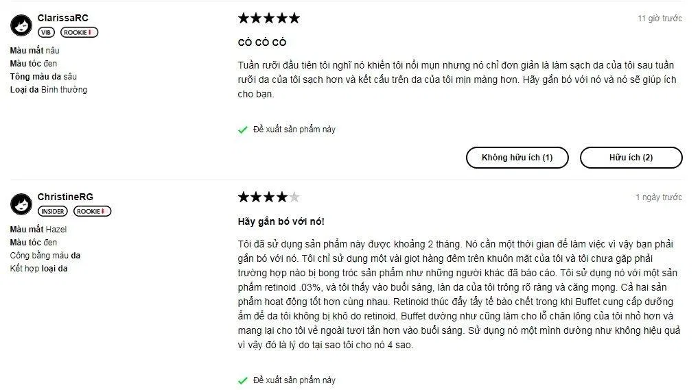 Đánh giá sử dụng serum chống lão hóa The Ordinary Buffet của khách hàng tại Sephora. (Ảnh: BlogAnChoi)