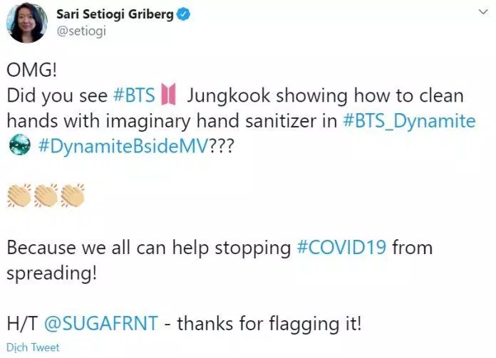 "OMG. Mọi người có thấy trong MV Dynamite B-side, BTS Jungkook đang chỉ cho chúng ta cách làm sạch tay với nước rửa tay không??? Chúng ta có thể ngăn chặn sự lây lan của COVID 19” - Dòng trạng thái của Sari Setiogi Griberg đăng tải (Ảnh: Twitter)