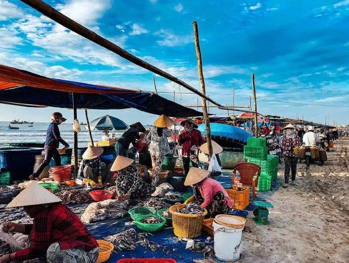 Người dân làng chài Mũi Né khi mới đi đánh bắt cá về. (Nguồn: Internet)