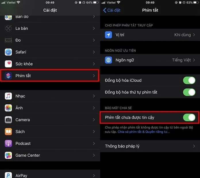 Bật Phím tắt chưa được tin cậy lên (Ảnh: cellphones)