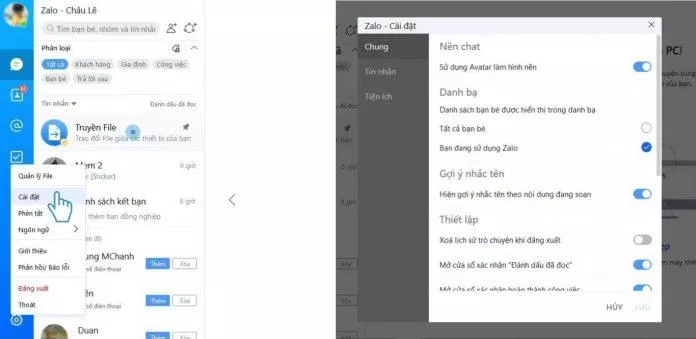 Chọn cài đặt để chỉnh sửa các chế độ của Zalo Web. (Ảnh: BlogAnChoi)