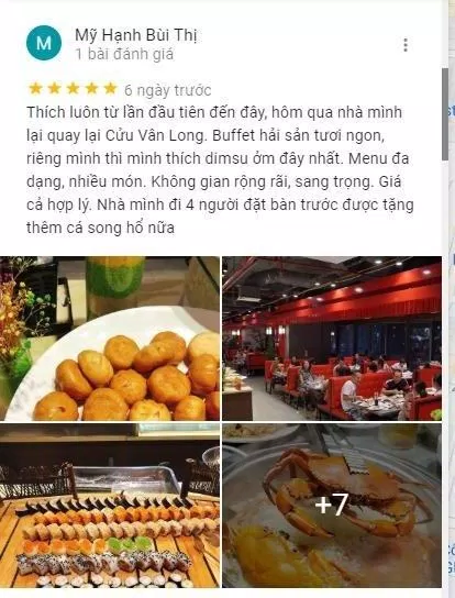 Một đánh giá từ khách hàng dành cho nhà hàng Cửu Vân Long (ảnh: internet)