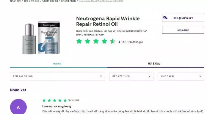 Bình luận của khách hàng đã sử dụng Neutrogena Rapid Wrinkle Repair Retinol Oil (Nguồn: BlogAnChoi)