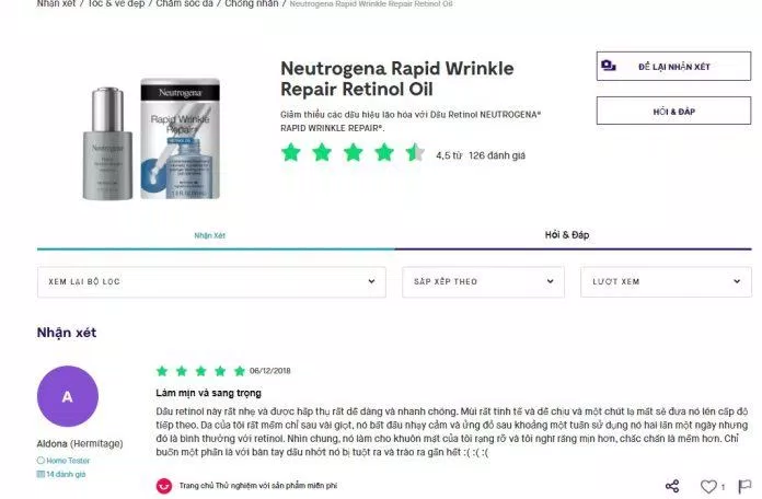 Bình luận của khách hàng đã sử dụng Neutrogena Rapid Wrinkle Repair Retinol Oil (Nguồn: BlogAnChoi)