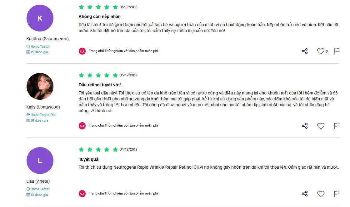 Bình luận của khách hàng đã sử dụng Neutrogena Rapid Wrinkle Repair Retinol Oil (Nguồn: BlogAnChoi) Bình luận của khách hàng đã sử dụng Neutrogena Rapid Wrinkle Repair Retinol Oil (Nguồn: BlogAnChoi)