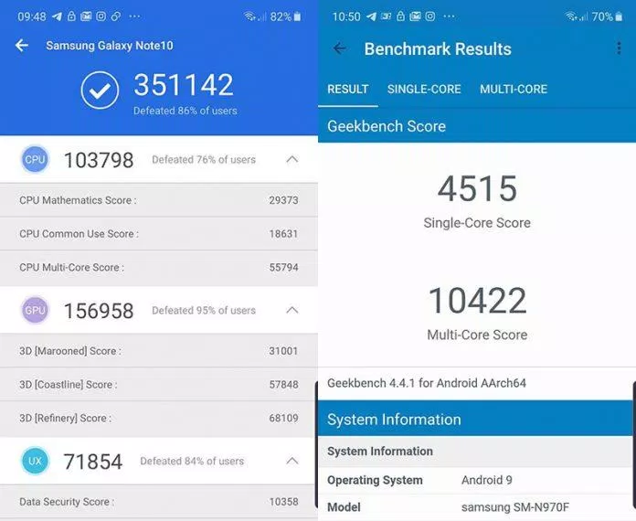 Điểm số Benchmark trên Note 10 ( nguồn: Internet) Điểm số Benchmark trên Note 10 ( nguồn: Internet)