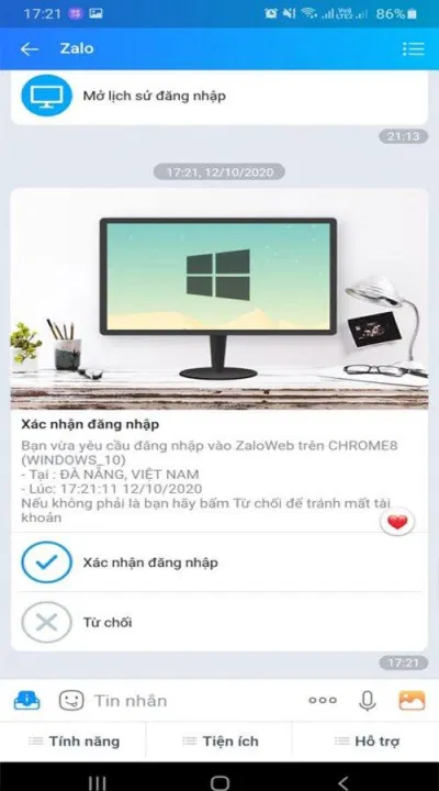 Chọn xác nhận đăng nhập trên ứng dụng Zalo điện thoại (ảnh BlogAnChoi)