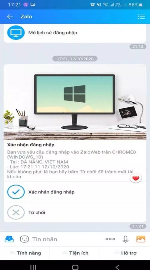 Chọn xác nhận đăng nhập trên ứng dụng Zalo điện thoại (ảnh BlogAnChoi)