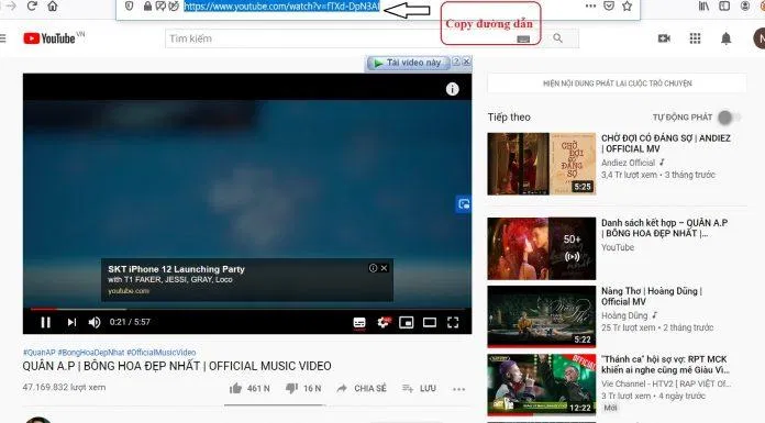 Copy đường dẫn video Youtube
