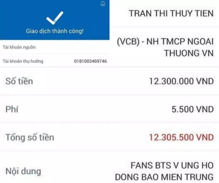 Nhóm fan cá nhân tại Việt Nam của V BTS quyên góp được 12,3 triệu (Ảnh: Facebook)