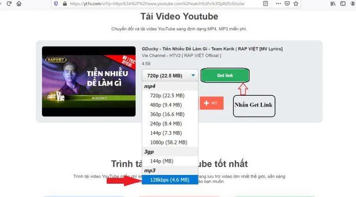 Sau khi trang web nhận diện link xong, chọn định dạng MP3 và nhấn Get link.