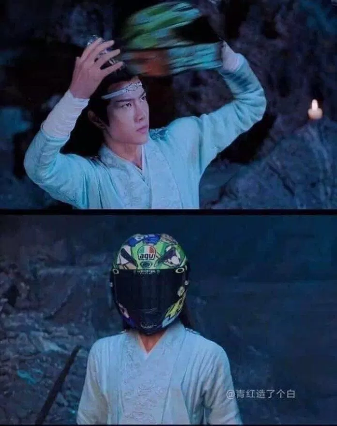 Meme hài hước Vương Nhất Bác: Cảnh báo có pha cua gắt, đội cái mũ bảo hiểm cho an toàn. (Ảnh: Internet)