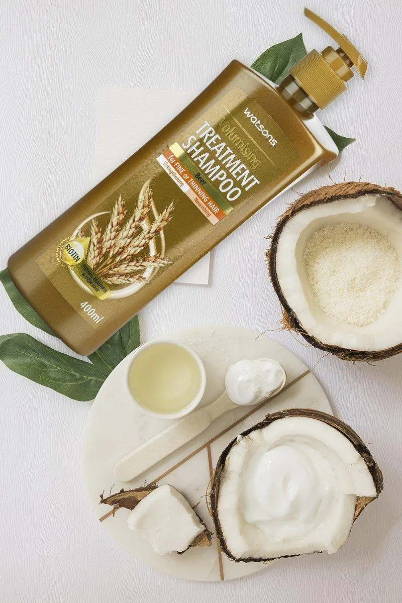 Dầu Gội Làm Dày Tóc Watsons Chiết Xuất Bia Volumising Treatment Shampoo giúp tăng cường sức khỏe cho tóc và kích thích mọc tóc (Nguồn: Watsons).