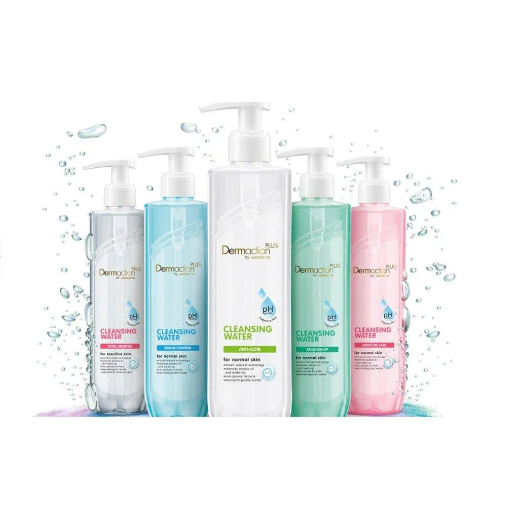 Nước tẩy trang Dermaction Plus by Watsons Cleansing Water có 5 loại phù hợp với từng loại da (Nguồn: Internet).