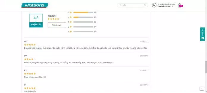 Đánh giá của khách hàng trên Watsons (Ảnh Internet)