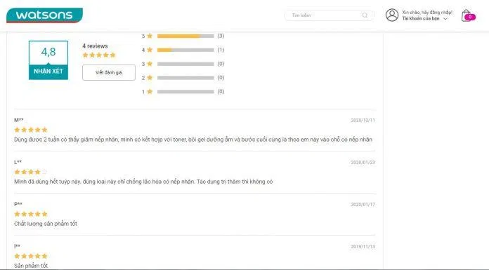 Đánh giá của khách hàng trên Watsons (Ảnh Internet)