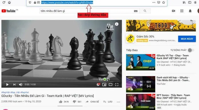 Mở Video Youtube và copy đường link.