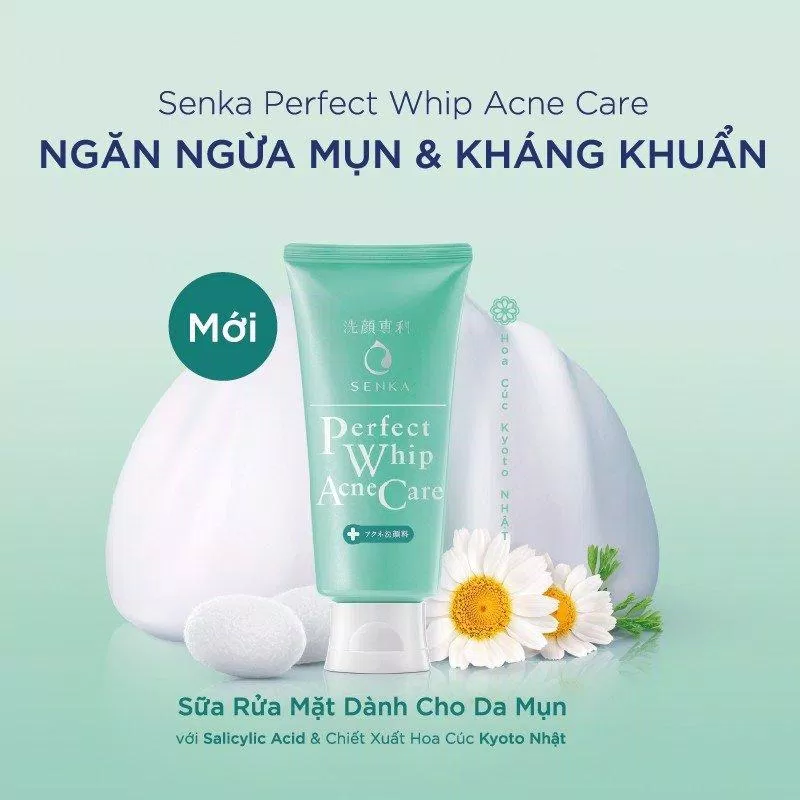 Senka Perfect Whip Acne Care với tone màu xanh lá dịu da, mát mắt. (nguồn: Internet)