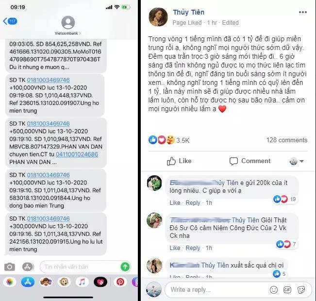 Người 100, người 500 và sau 1 tiếng Thủy Tiên đã quyên góp được hơn 1 tỷ đồng. (Ảnh: Internet)