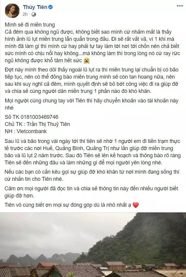 Bài viết của Thủy Tiên về việc đi tình nguyện ở miền Trung. (Ảnh: Internet)