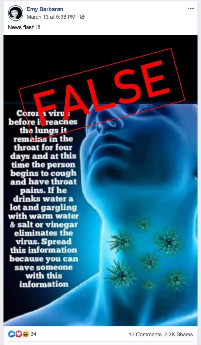 Lời khuyên uống nhiều nước và súc miệng để chống lại COVID-19 thực ra là fake news (Ảnh: Internet). Lời khuyên uống nhiều nước và súc miệng để chống lại COVID-19 thực ra là fake news (Ảnh: Internet).