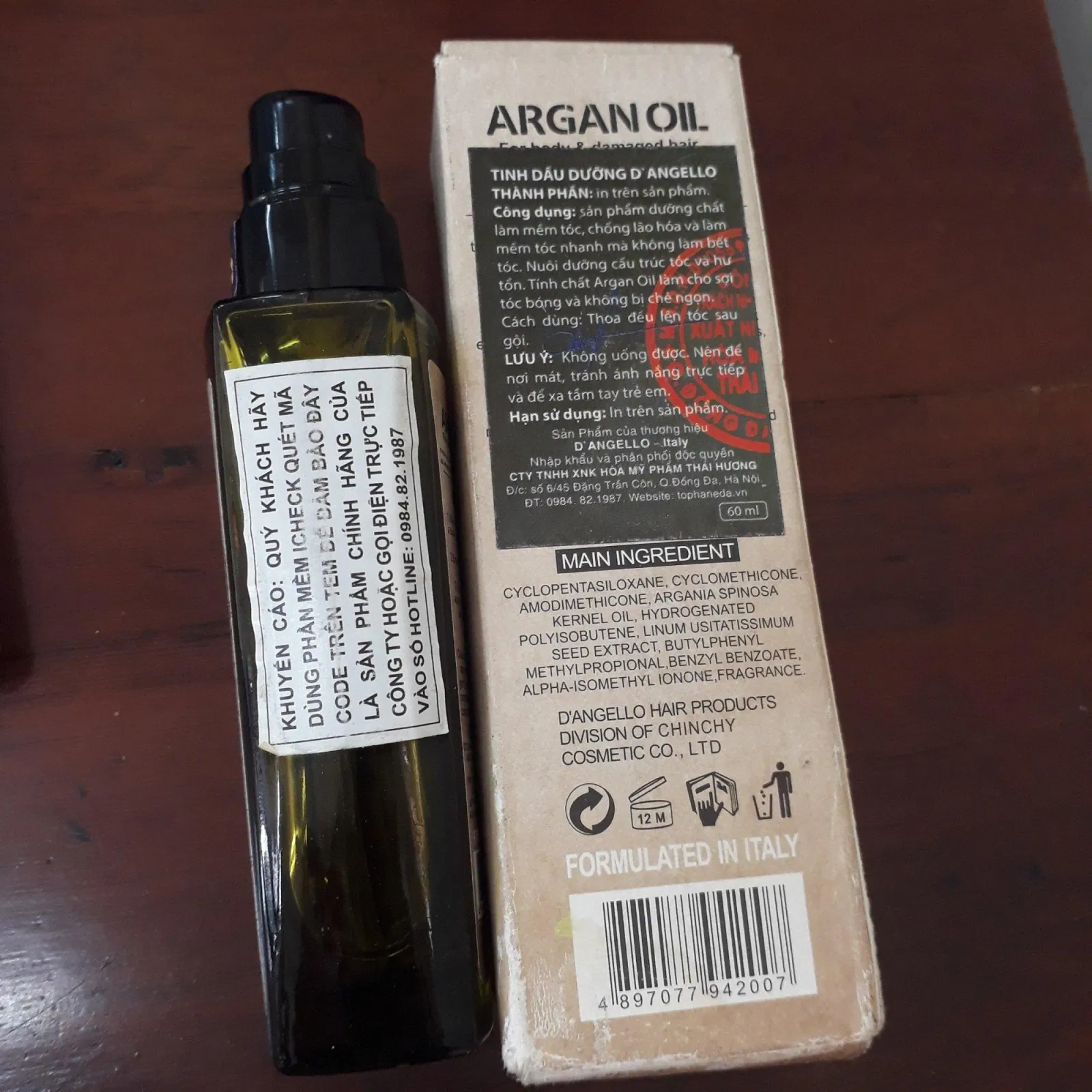 Tinh dầu D'angello ARGAN OIL dưỡng ẩm, phục hồi tóc hư tổn (ảnh: BlogAnChoi).