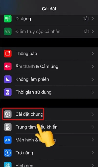 Vào phần cài đặt chung