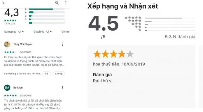 Đánh giá của người chơi trên hai nền tảng Android và iOS (Ảnh: internet) Đánh giá của người chơi trên hai nền tảng Android và iOS (Ảnh: internet)