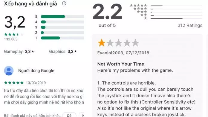 Đánh giá của người chơi trên hai nền tảng Android và iOS (Ảnh: internet)