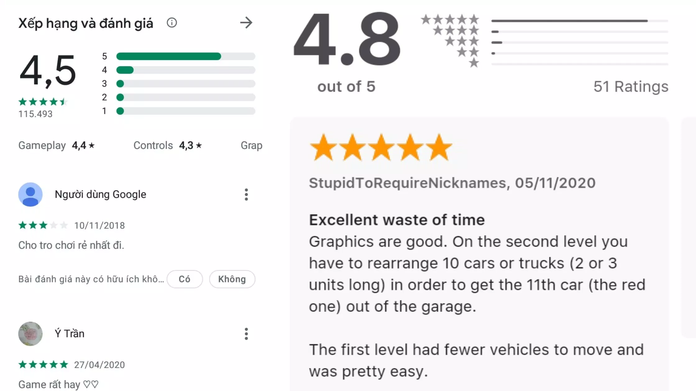 Đánh giá của người chơi trên hai nền tảng Android và iOS (Nguồn ảnh: ảnh chụp màn hình) Đánh giá của người chơi trên hai nền tảng Android và iOS (Nguồn ảnh: ảnh chụp màn hình)