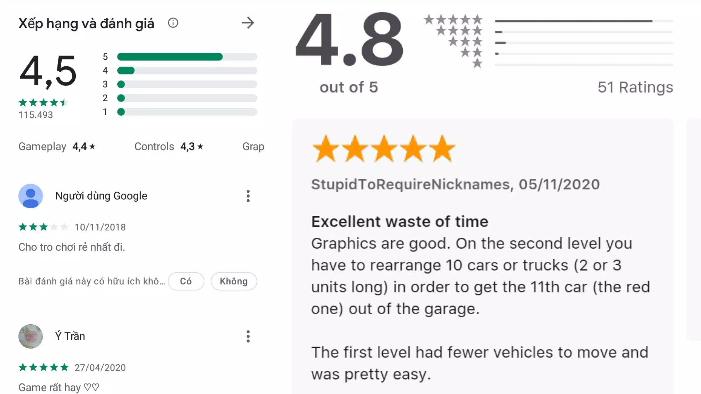 Đánh giá của người chơi trên hai nền tảng Android và iOS (Nguồn ảnh: ảnh chụp màn hình)