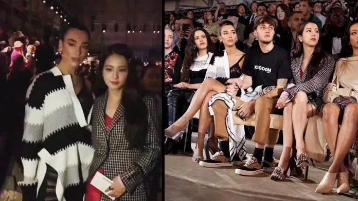 Hình ảnh Jisoo (vest kẻ) và Dua Lipa tại show của Burberry