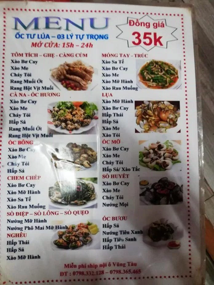 Menu của quán Ốc Tư Lúa với đa số các món có giá 35.000 đồng/phần (ảnh: internet)
