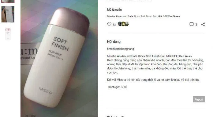 Đánh giá của khách hàng về kem chống nắng Missha tại Fi:me. (Ảnh: BlogAnChoi)