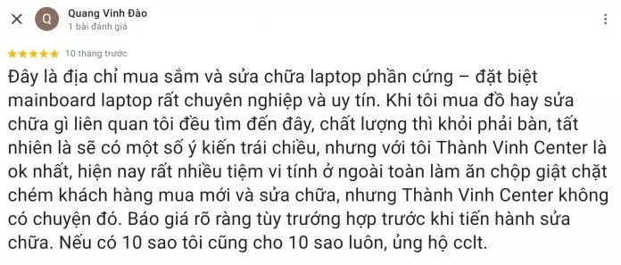 Đánh giá của khách hàng về Thành Vinh Center. (Ảnh: Internet)