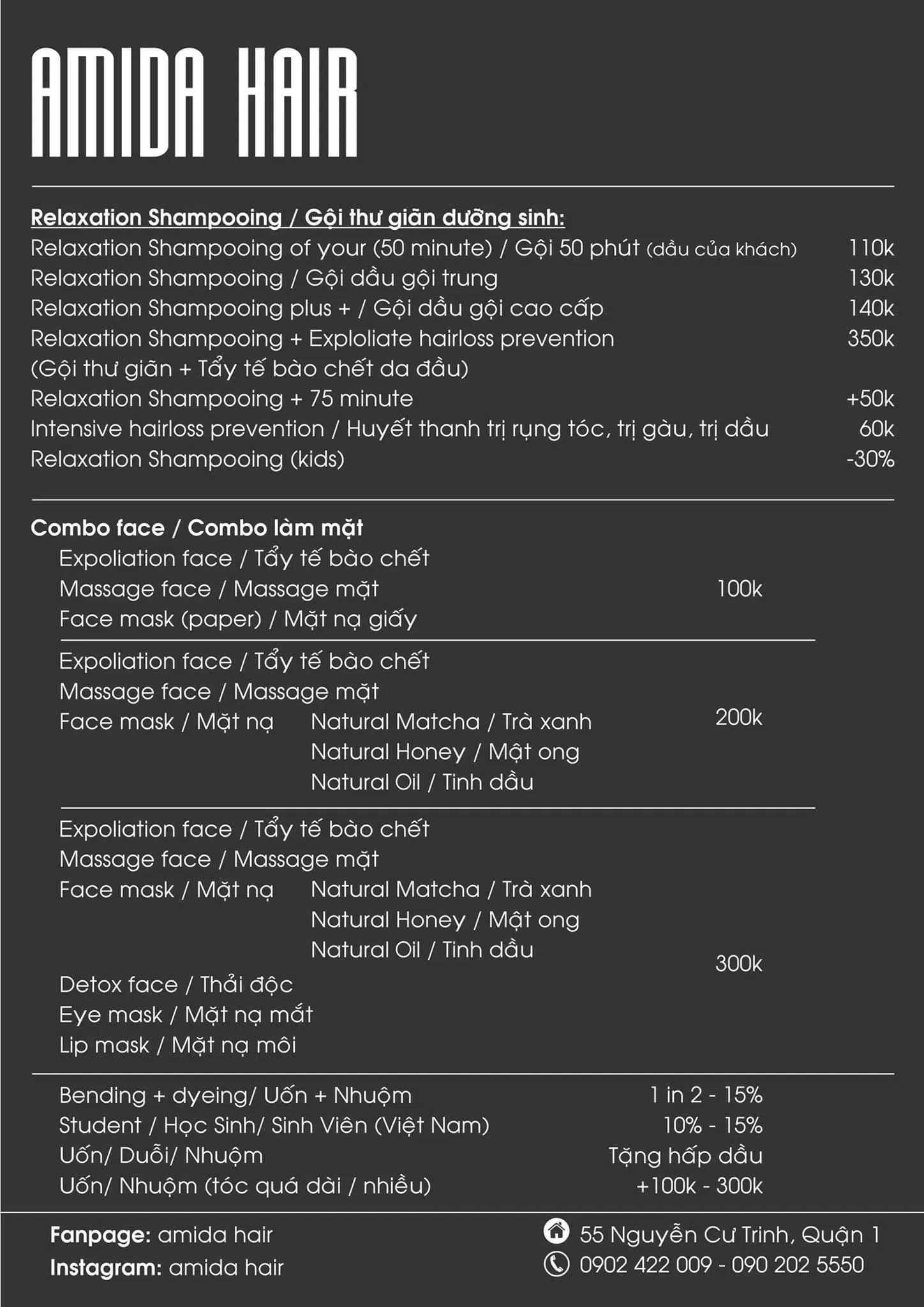 Bảng giá dịch vụ tại Amida Hair Salon.