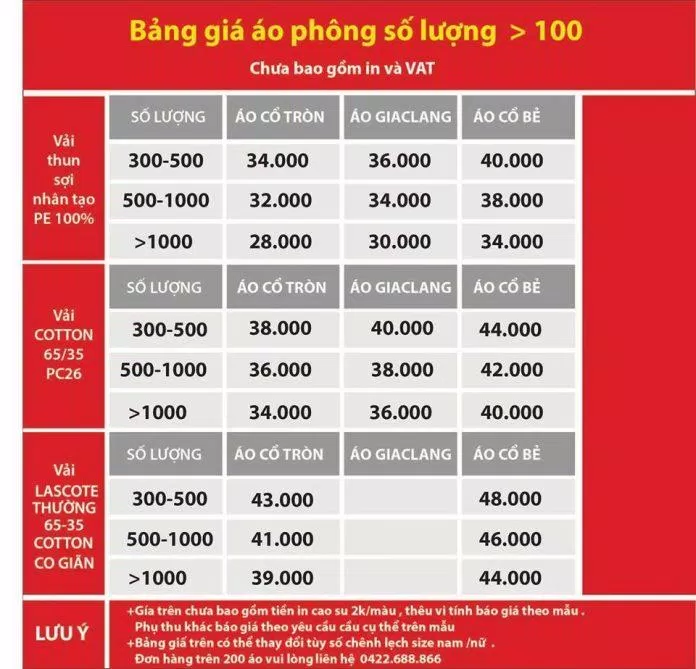 Bảng giá áo phông của Công ty Đồng phục Minh Thành (Ảnh May Minh Thành) Bảng giá áo phông của Công ty Đồng phục Minh Thành (Ảnh May Minh Thành)