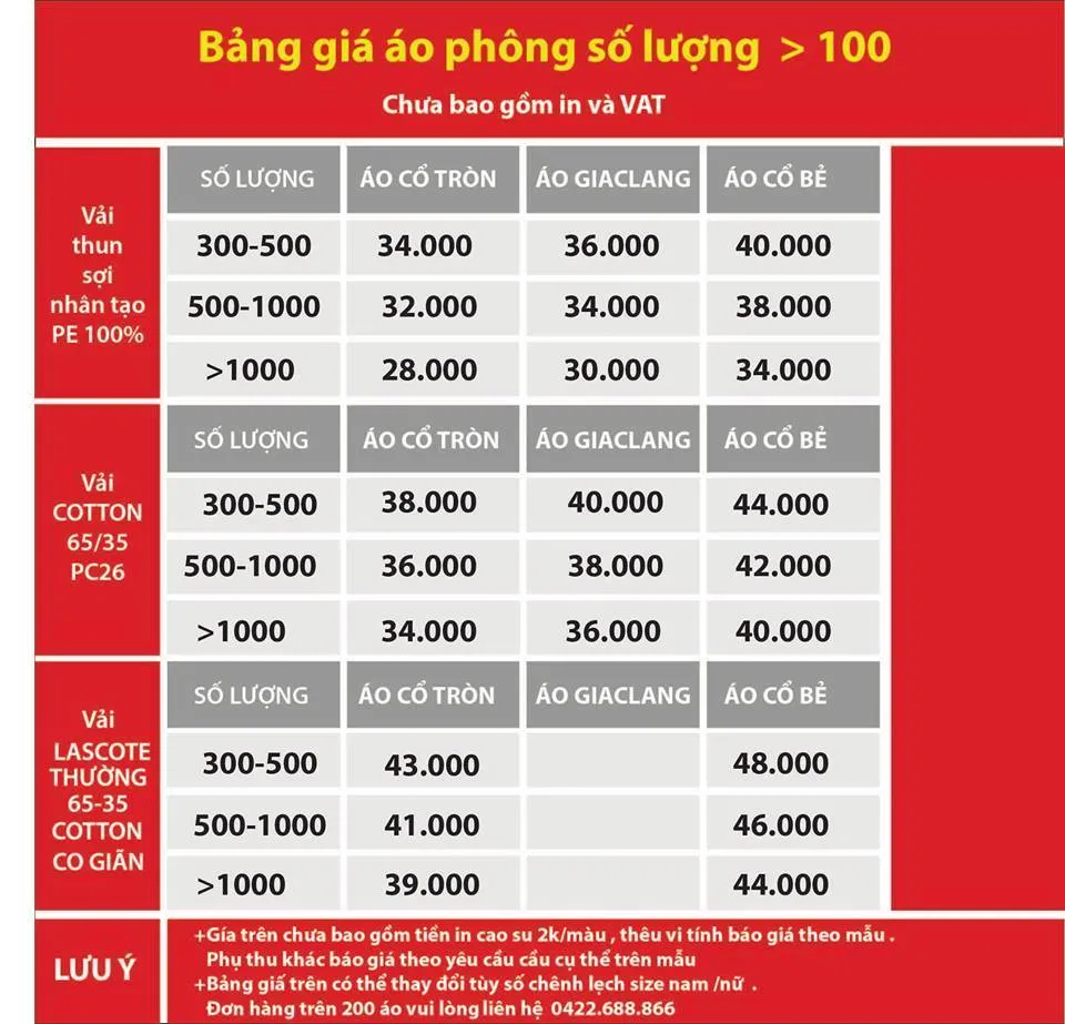 Bảng giá áo phông của Công ty Đồng phục Minh Thành (Ảnh May Minh Thành) Bảng giá áo phông của Công ty Đồng phục Minh Thành (Ảnh May Minh Thành)