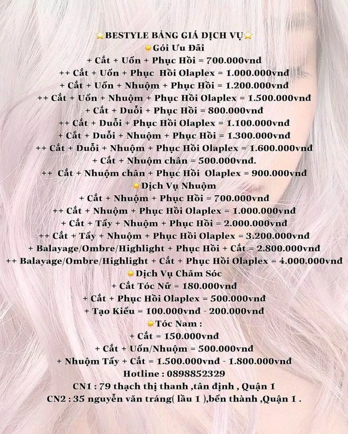Bảng giá các dịch vụ ở Bestyle Salon. (Nguồn: Bestyle Salon)