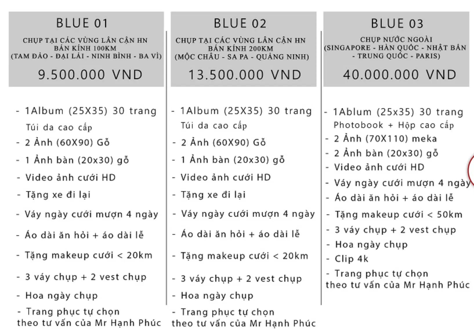 Bảng giá dịch vụ của Mr. Hạnh Phúc Studio (Ảnh BlogAnChoi) Bảng giá dịch vụ của Mr. Hạnh Phúc Studio (Ảnh BlogAnChoi)