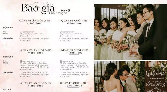 Bảng giá dịch vụ của Nupakachi Wedding Studio (Ảnh Internet)