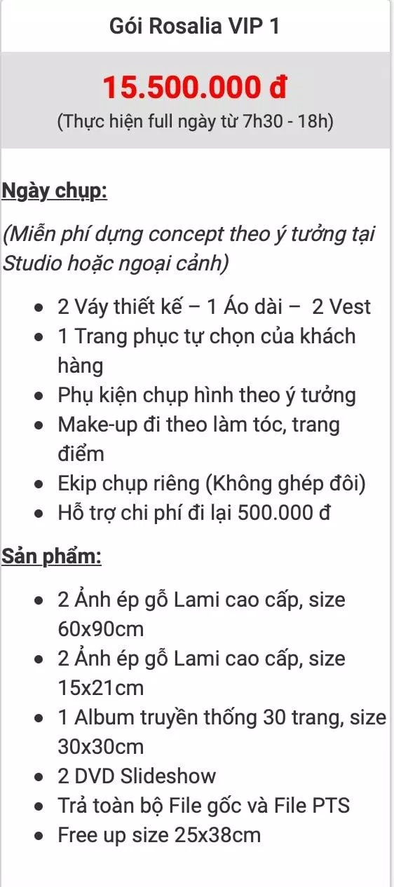 Bảng giá dịch vụ của Pali Studio de Fiancé Wedding (Ảnh BlogAnChoi)