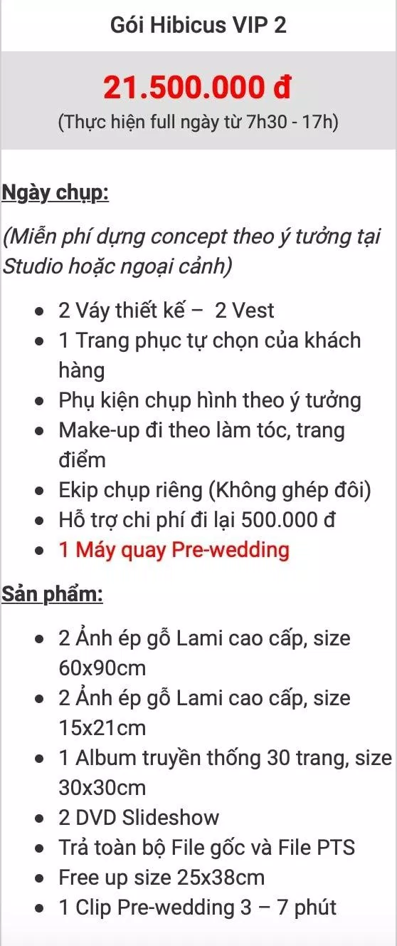 Bảng giá dịch vụ của Pali Studio de Fiancé Wedding (Ảnh BlogAnChoi)